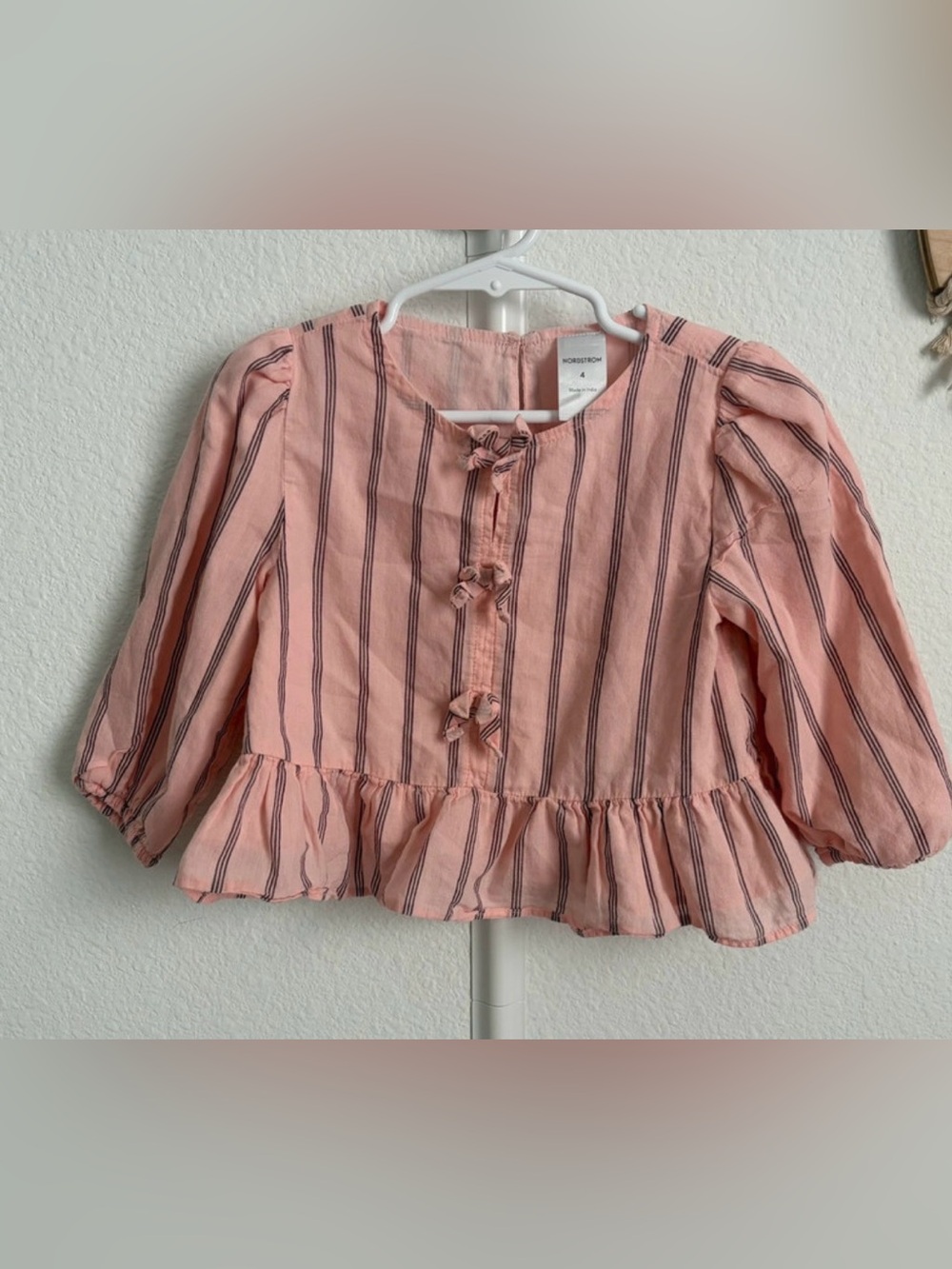 Nordstrom Kids Pink and Navy Striped Peplum Blouse